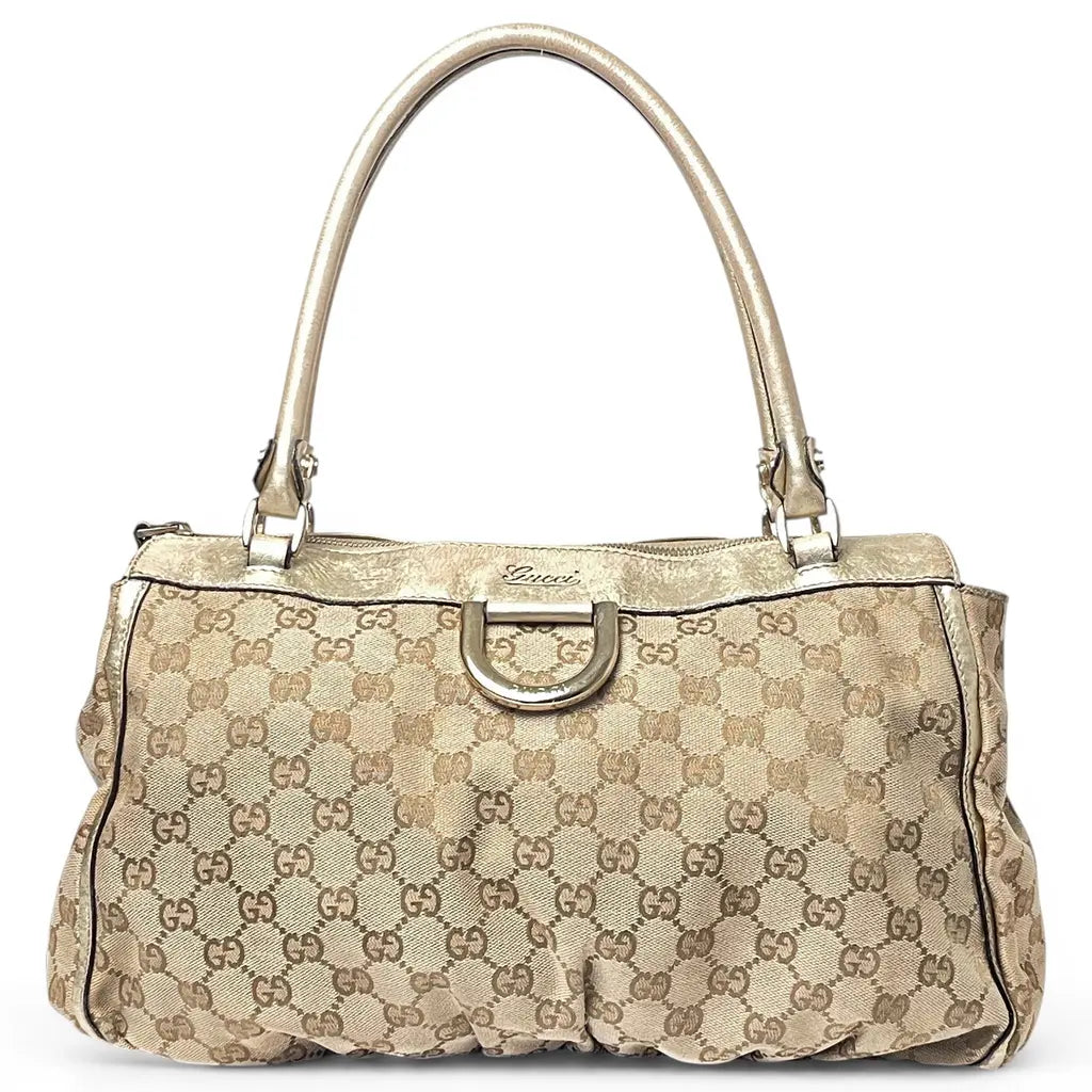 Gucci D-Ring Golden Brown Monogram Canvas Leather Handbag